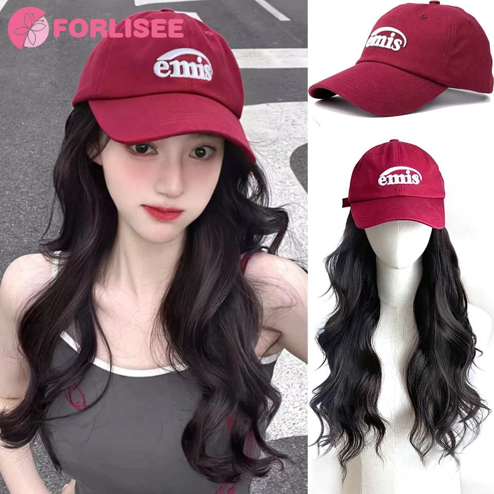 FORLISEE 19 Inch Large Wavy Long Curly Hair Paired With A Red Baseball Cap Synthetic Baseball Cap Wig Fashion Fluffy Cap Wig