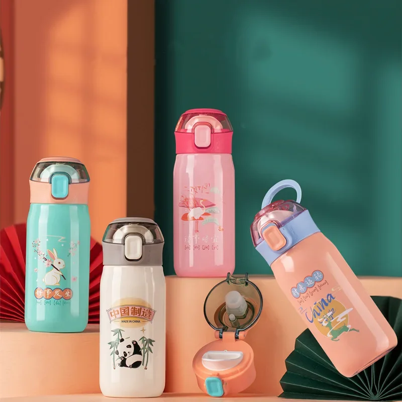 1PCS,370ml Children's Thermal Water Bottle With Bouncing Lid,Double-layer Stainless Steel Thermos Cup,Drinkware,Vacuum Flasks