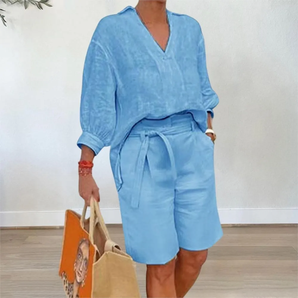 

New Fashion Women's Shorts Set 2025 Summer Casual Solid Color V-neck Shirt + Shorts Loose Commuter Two-Piece Set Women Clothing