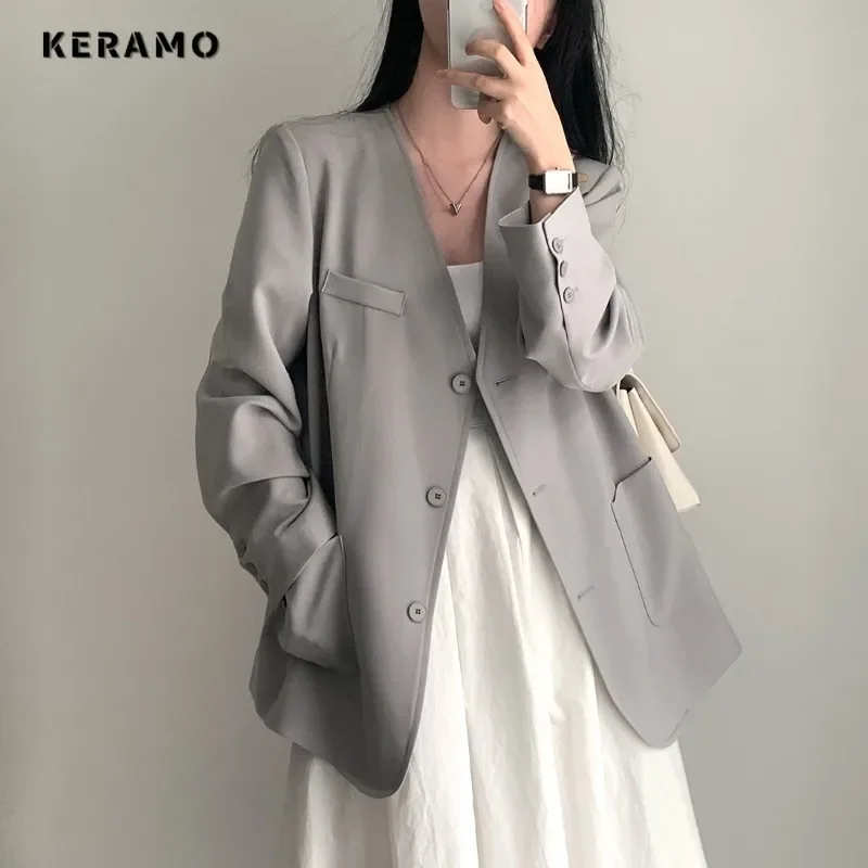 

2024 Winter Korean Women Office Lady Chic Notched Collar Long Sleeve Blazers Solid Color Casual Loose Elegant Tailored Coat