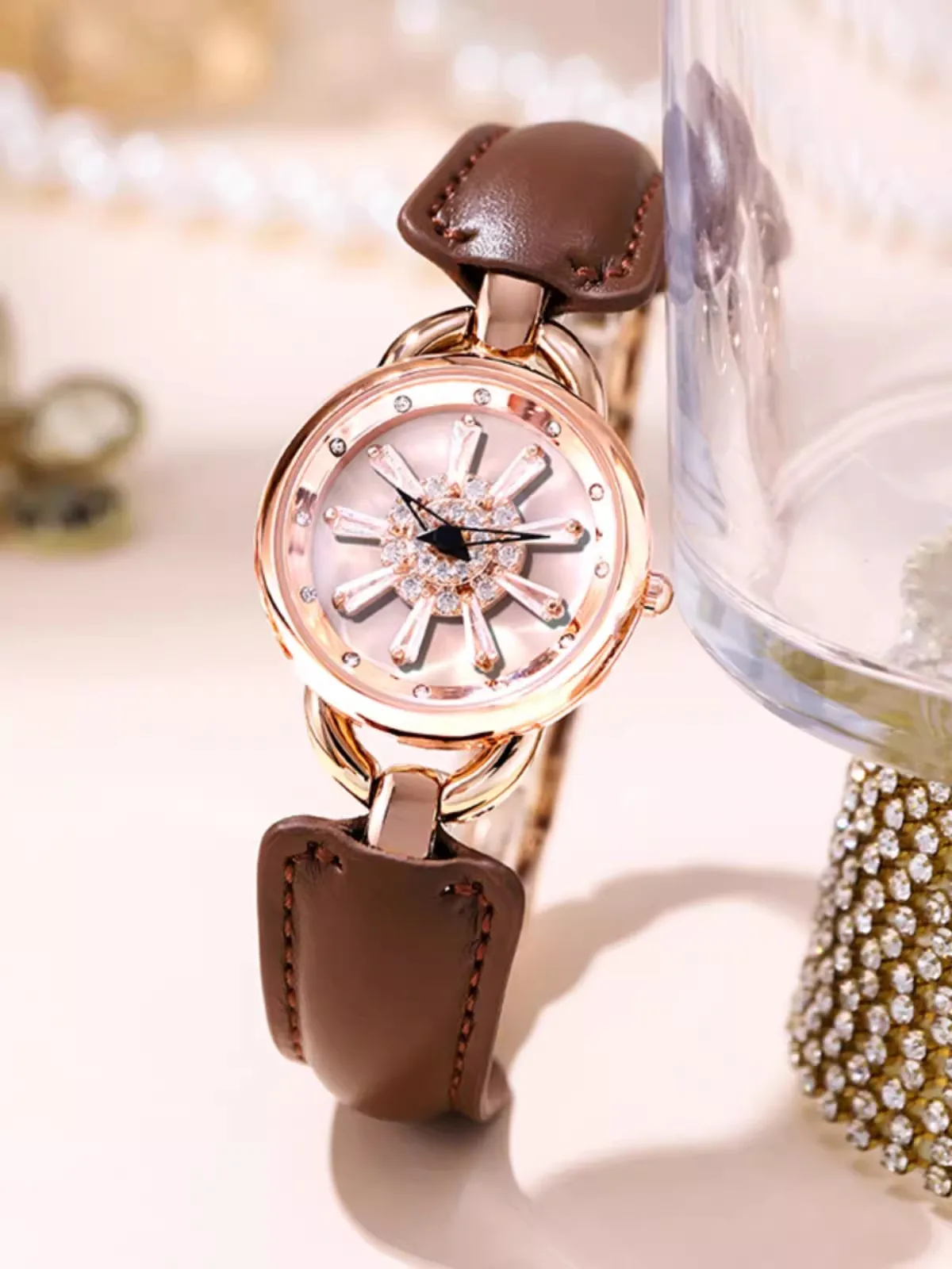 Rotation Dial Quartz Women Watch Genuine Leather Strap Antique Watch