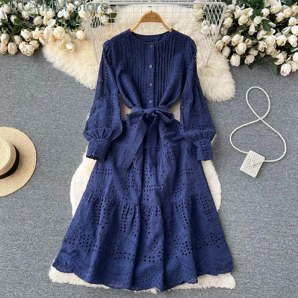 New Women's Hollow Out Dress Purple Lace Up Slim Elegant Dress Vestido Temperament Sweet Korea Chic Spring Summer