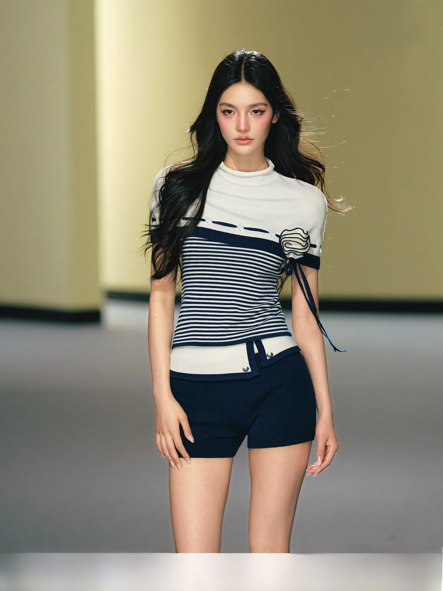 

AGAM Original Handmade Half High Collar Cowl Neck Short Sleeve T-Shirt And Shorts Set Stripe Pattern Summer Fashion Women's E...