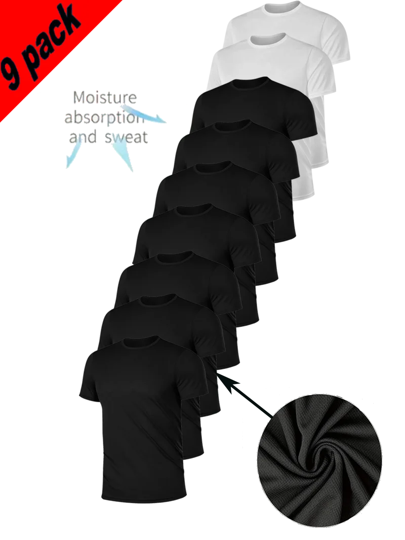 

Men's 9-Piece Solid White and Black Comfort T Shirt Breathable Moisture Wicking for Layering or Outerwear Gym Workout Spo