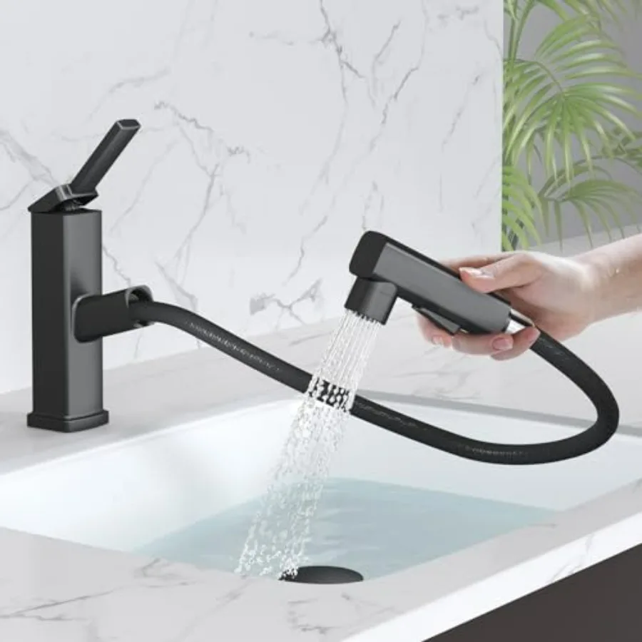 

Bathroom sink faucet with pull-down sprayer matte black finish single-hole installation 3 spray modes including fountain durabl