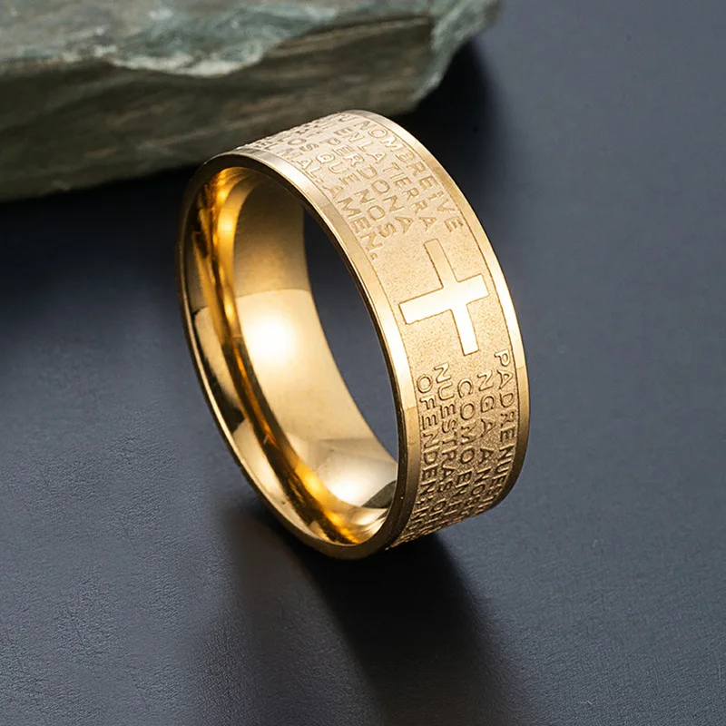 7mm Tone Spanish Golden The Holy Bible  Prayer Cross Ring Stainless Steel Rings Wholesale