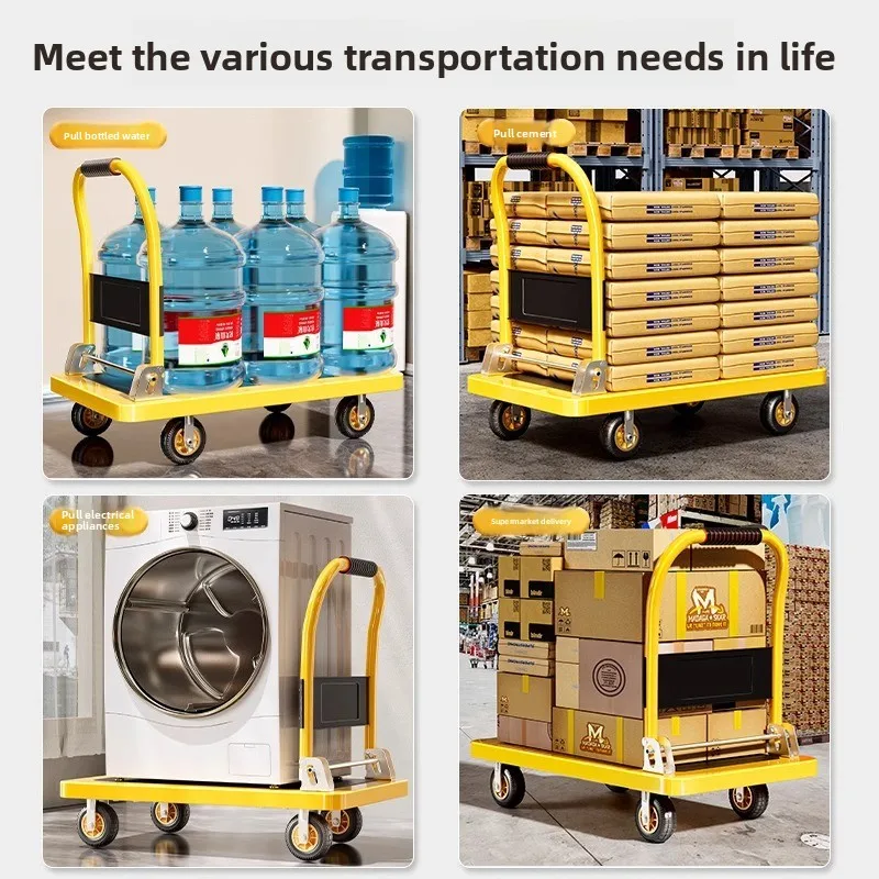 Home folding flatbed luggage cart, silent wheel handcart, hand pulled small truck, folding handcart, reinforced steel beam frame