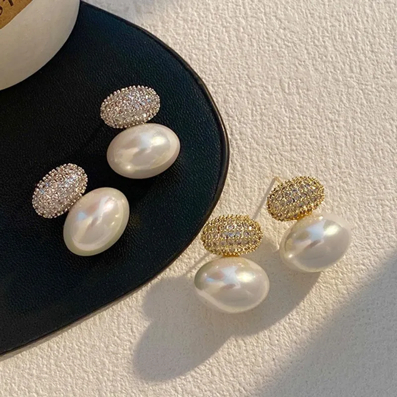 ZAKOL eleganckie owalne kolczyki sztyfty z imitacją pereł dla kobiet moda geometryczna kolczyk z cyrkonią sześcienną biżuteria na przyjęcie weselne — zdjęcie 7