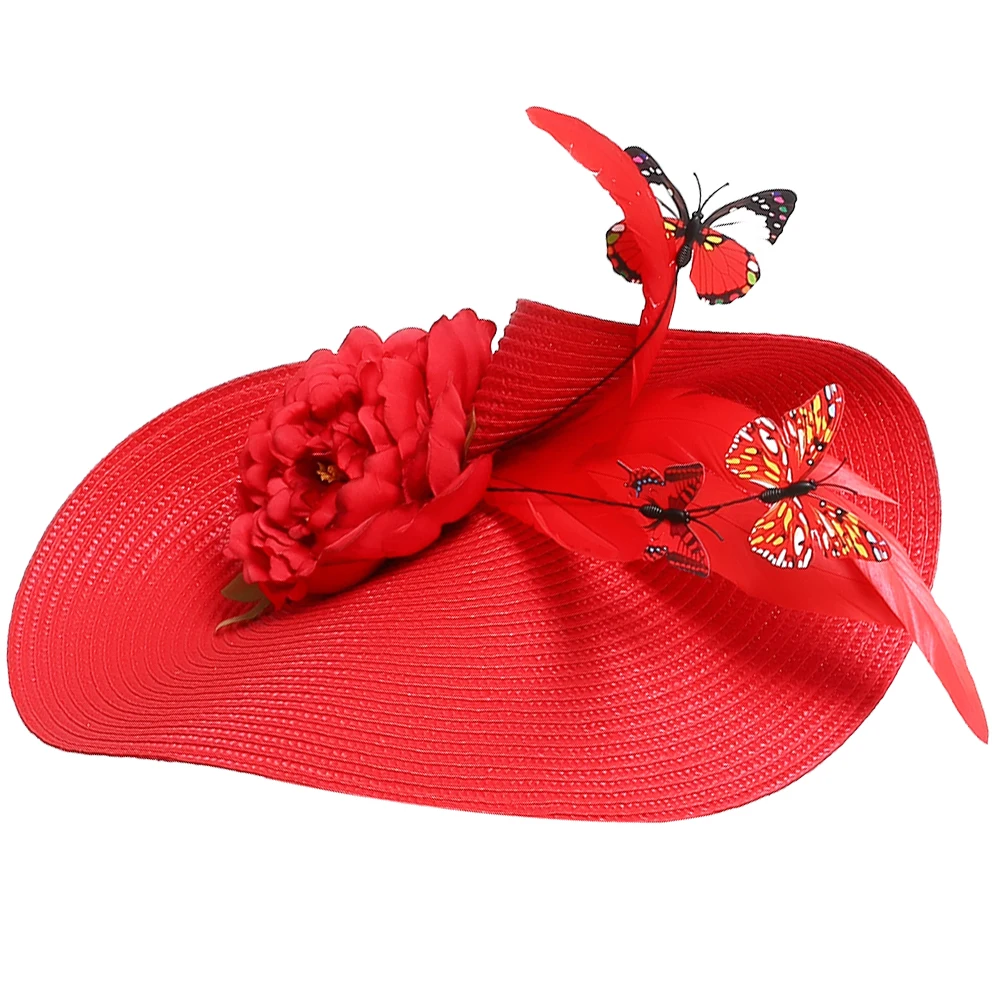 

Women Straw Hat Fascinator Headband Yellow Fabric Butterfly Decor Tea Party Wedding Bridal Hair Accessories