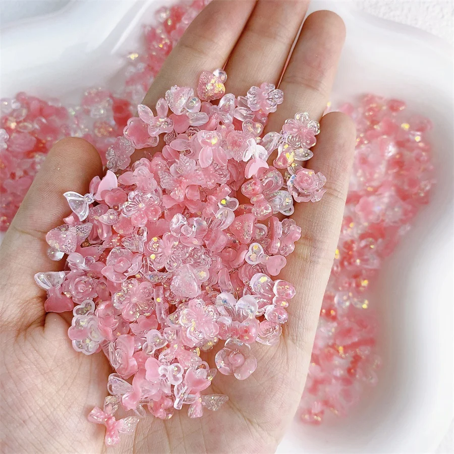 20pcs Kawaii Pink Mixed Resin Nail Art Charms 3D Cartoon Animals Flower Butterfly Bow Nail Decorations DIY Jewelry Accessories