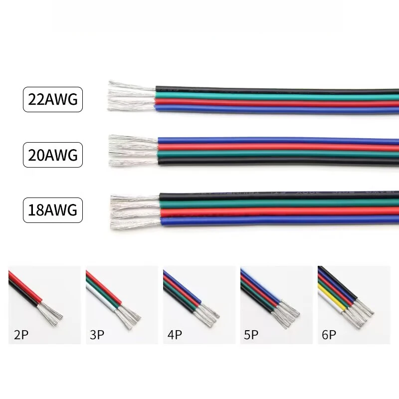 22/20/18AWG PVC Electronic Wire 2 3 4 5 6Pin Tinned Coper Extension Cable for 5050 3528 RGB RGBW CCT 24V 12V LED Strip Connector
