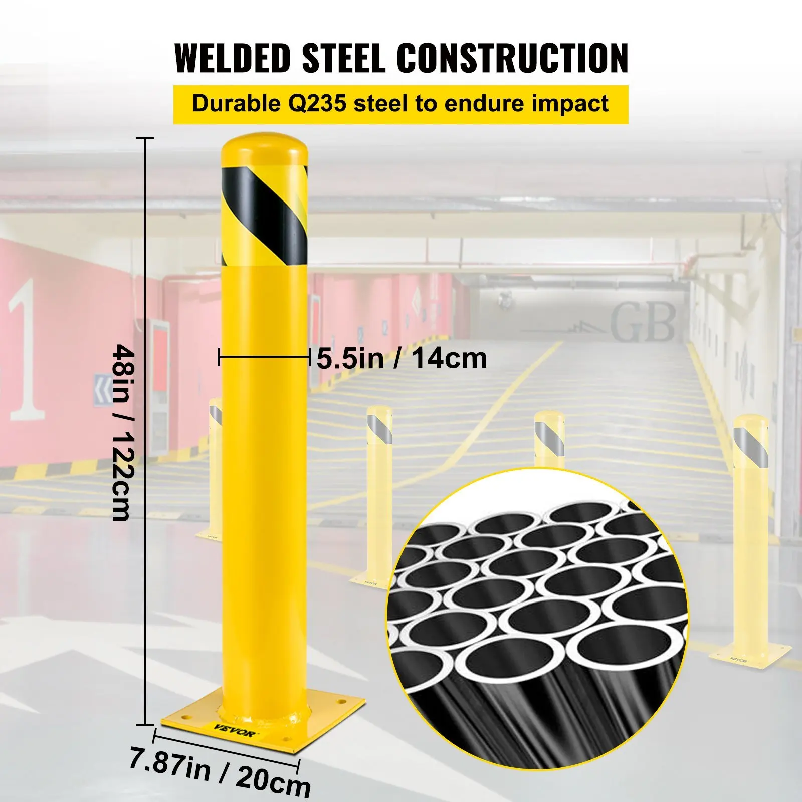 Safety Bollard, 48 Inch Height Bollard Post, 5.5 Inch Diameter Steel Pipe Safety Bollard Post, Yellow Steel Bollard, Steel