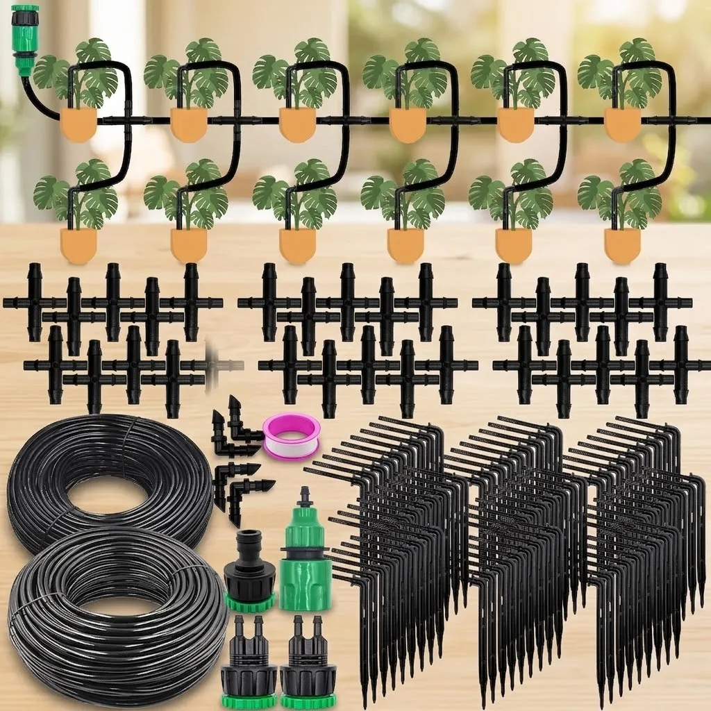 Greenhouse Drip Irrigation Kit 4 Way Hose Dripper with 4 7mm to 3 5mm Tubes Automatic Watering for Plants Vegetables Bonsai