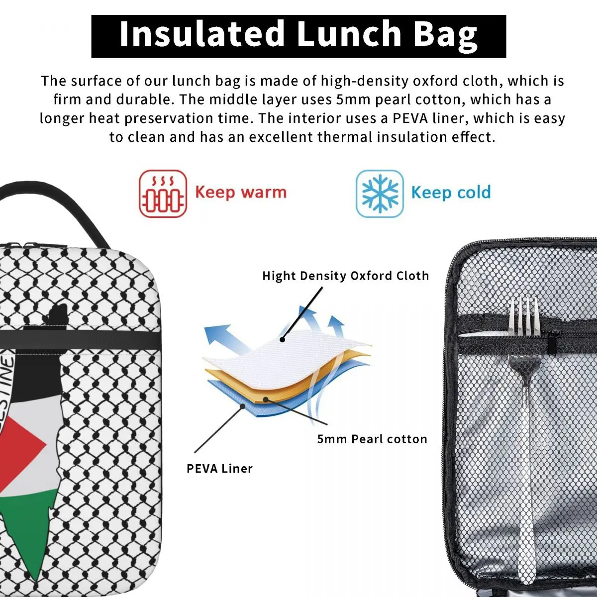 Palestine Flag Palestinian Hatta Insulated Lunch Bag Cooler Bag Lunch Container Keffiyeh Tote Lunch Box Food Storage Bag College