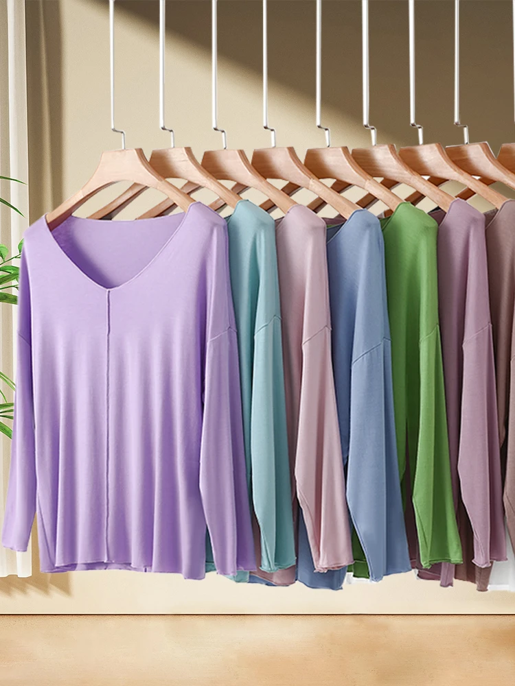 

Pure Color Modal Long Sve T-irt Women's Autumn Thin Casual Loose Base irt plus Size Slimming Top Breathable Comfortable