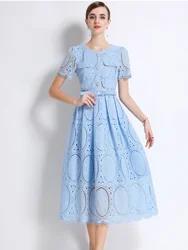 SMTHMA Elegant Fashion Lace Hollow Out Beaded High End Runway Dress With Belt Women's O-Neck Short Sleeve Summer Dresses