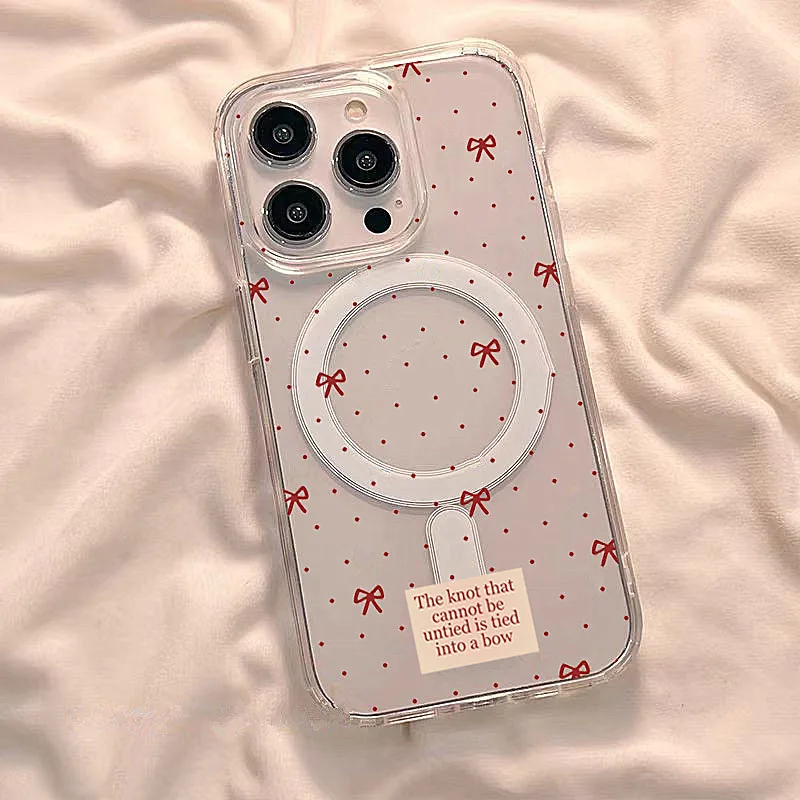 

Red Little Bow Magnetic Transparent Phone Case for Samsung S25 S24 Ultra S23 S22 Plus S21 S24 FE 5G Wireless Charging Back Cover
