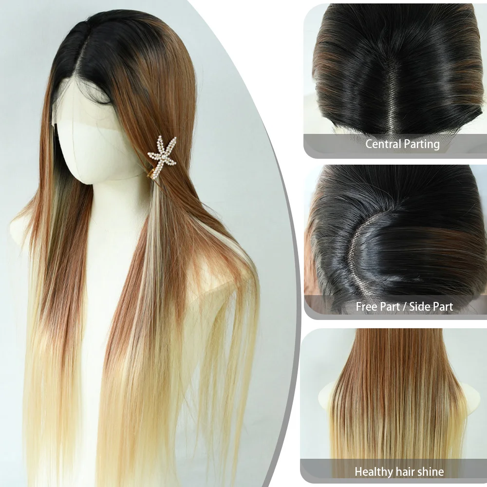 Ombre Brown Blonde Bone Straight Lace Front Wig 13x4 HD Lace Frontal Wig Synthetic High Quality Daily Wear Cosplay for Wemon