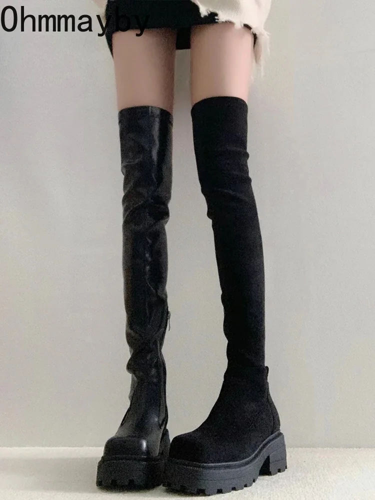 Stretch Slim Women Over the Knee High Boots Fashion Soft Leather Shoes Autumn Winter Thick Heel Ladies Knight Long Booties