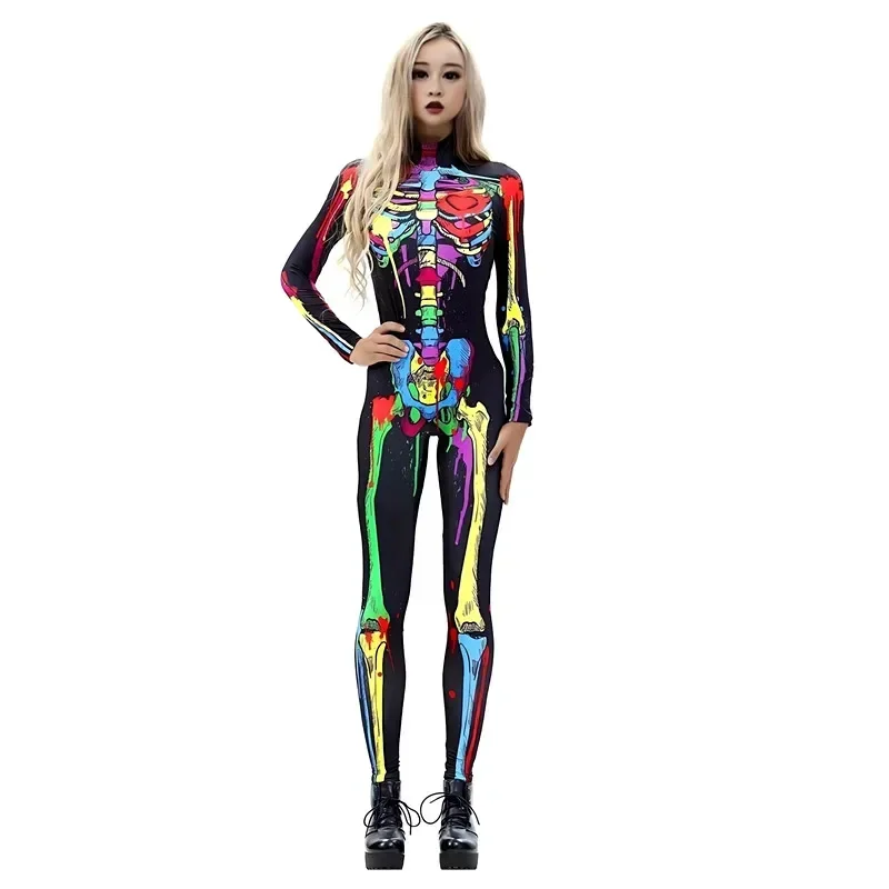 Halloween Party Theme Dress Up Costumes, Girls Long Sleeve Stretchy Fitted Full Color Skull Pattern Printed Women's Jumpsuit