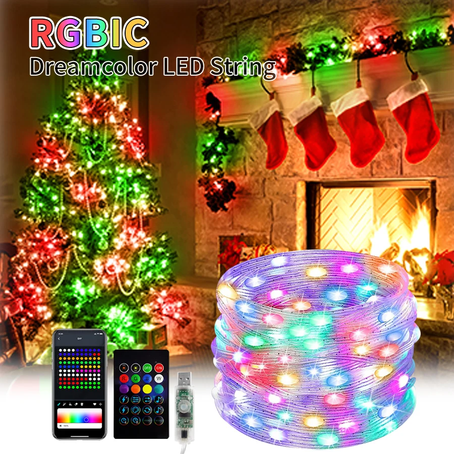 

RGB IC Smart String Fairy Lights USB App Дистанционное управление Bluetooth Мерцающие огни Открытое украшение сада для рождественской свадьбы