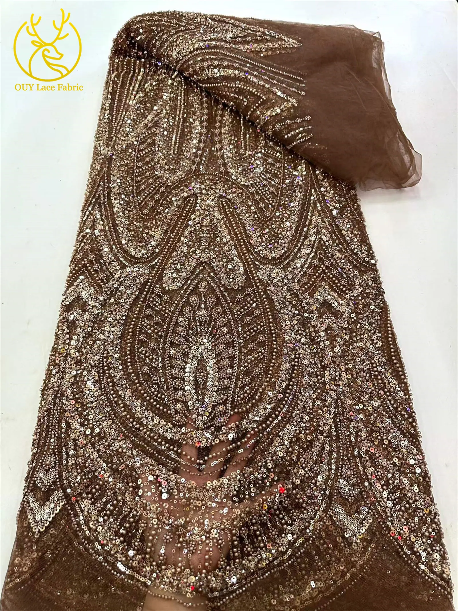 2026 Eleganter nigerianischer afrikanischer Bräutigam-Spitzenstoff mit Perlen, hochwertiger französischer Tüll-Pailletten-Spitzenstoff für Abendkleider, 5 Yards – Detail 17