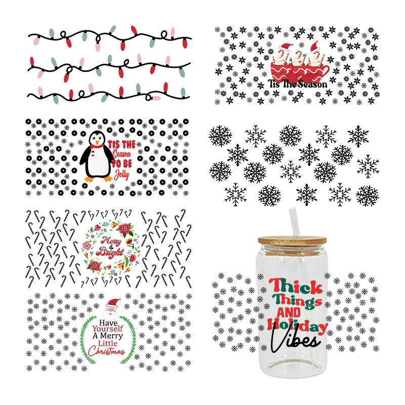 Winter Christmas Design UV DTF Cup Wrap Transfers Stickers Diy Waterproof For Glass Decoration D5206