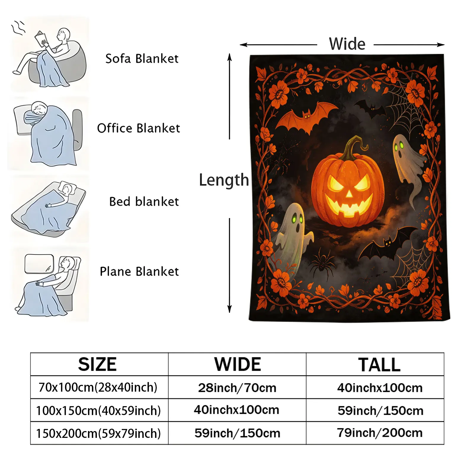 Halloween Flannel Throw Blanket Vintage Floral Frame Jack‑o‑Lantern Ghost Bat Spider Print Soft Microfiber Blanket Home Decor