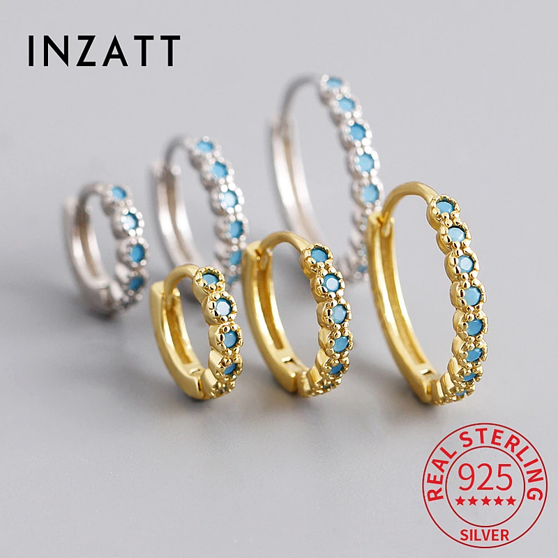 

INZATT Real 925 Sterling Silver Blue Pine Colored Zircon 18K Gold Round Hoop Earrings for Women Cute Fine Jewelry Accessories