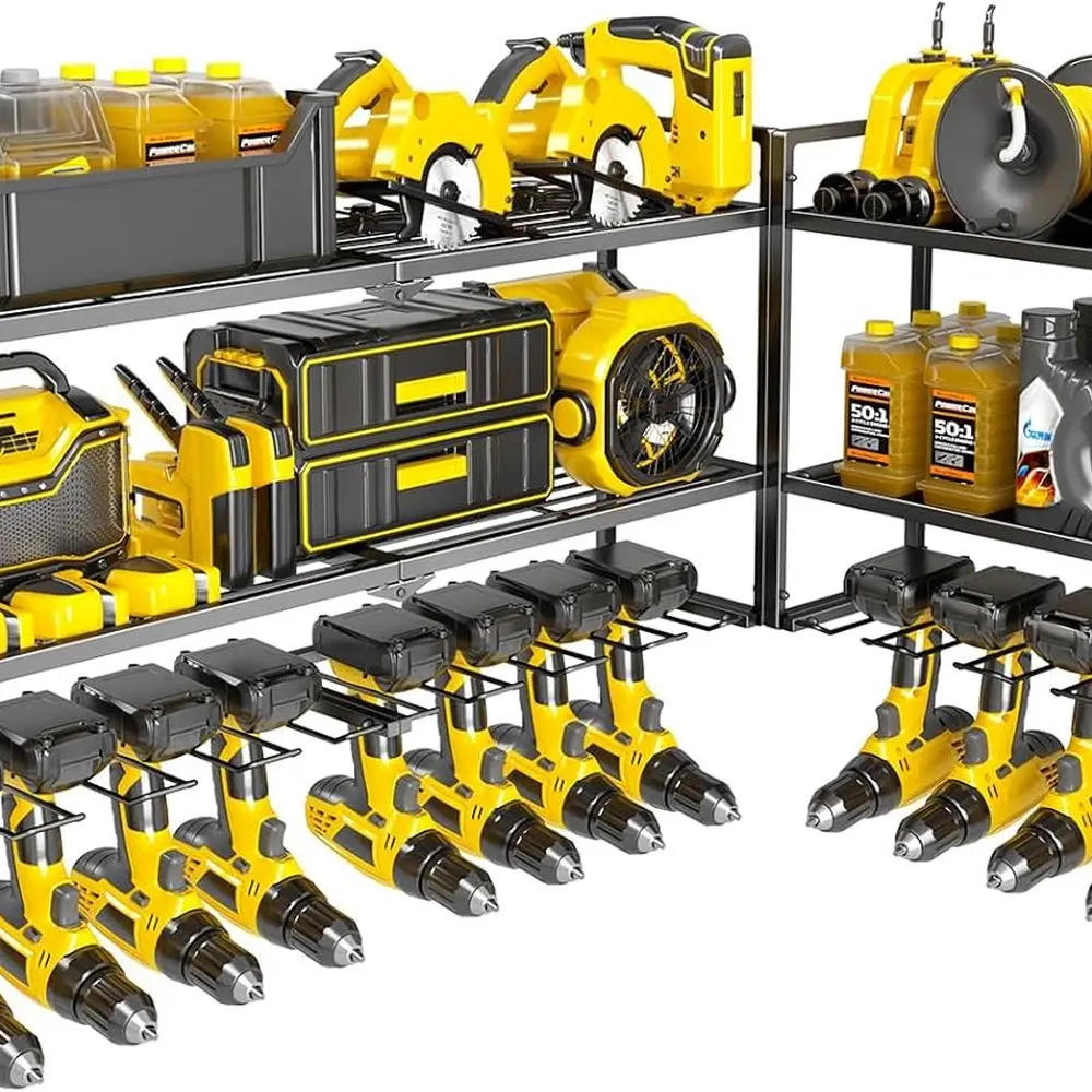 

49 Heavy-Duty Wall-Mounted Power Tool Organizer with 12 Drill Holders and 3 Shelves, Supports 450 LBS, Ideal for Garage and Work