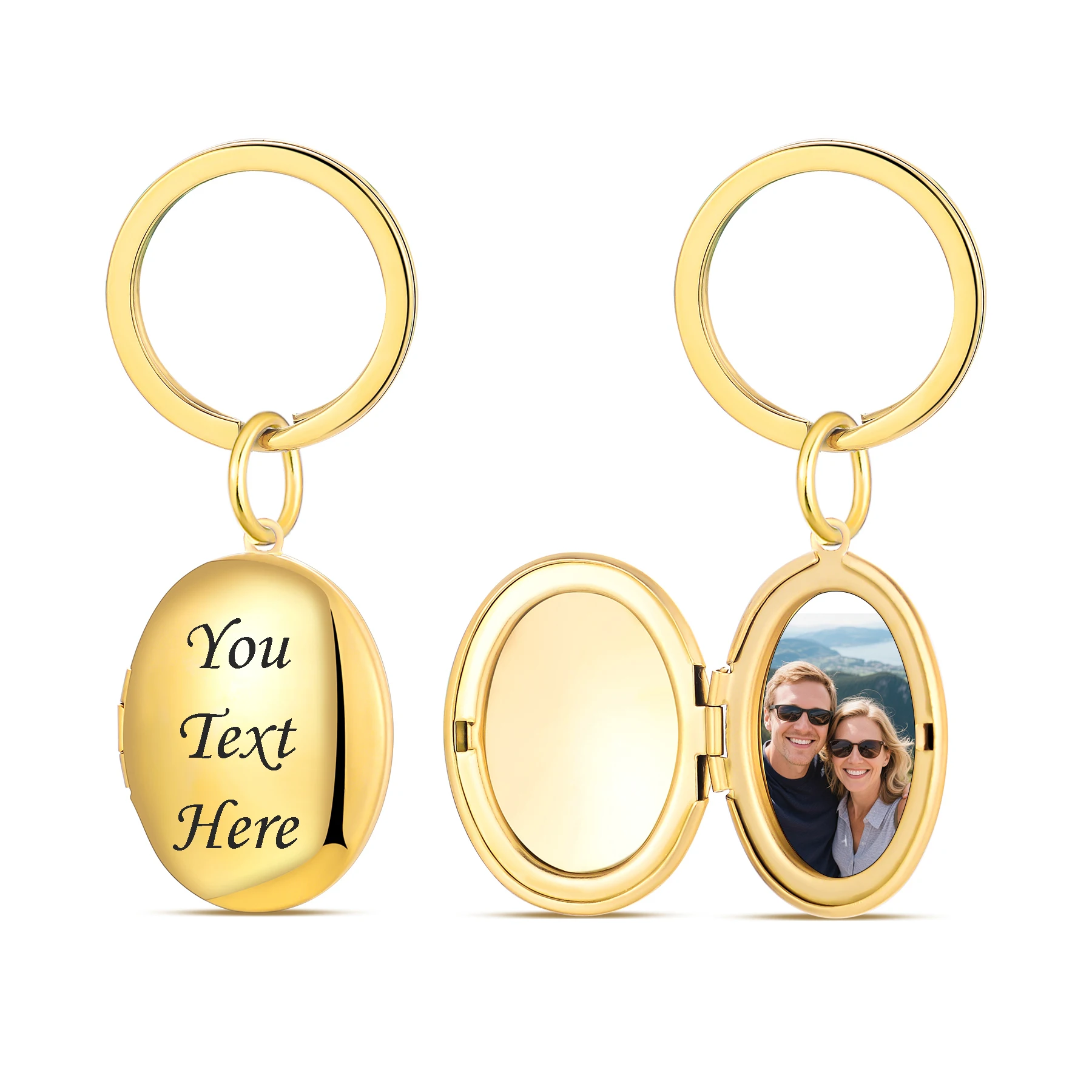 Personalized Gold Oval Locket Keychain - Custom Photo & Text Engraved Keyring, Unique Gift for Couples, Friends