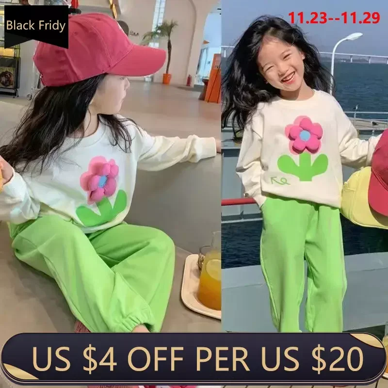 Autumn Baby Girl Clothes Set Children Sports Stereoscopic Floral Sweatshirt Top and Pants Buttom Two Piece Suit Cotton Tracksuit