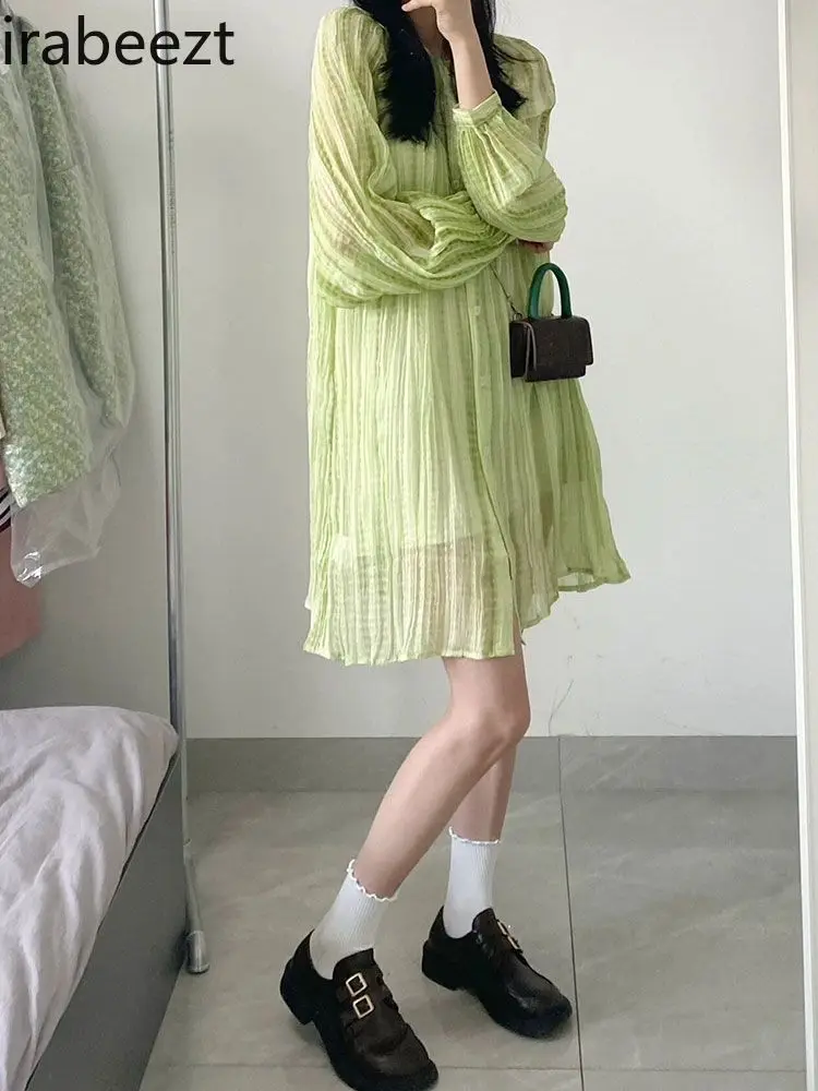 Green Shirt Dress Women Spring and Autumn Design Small Niche High-end Small Midlength Robe Women Clothing Long Blouse