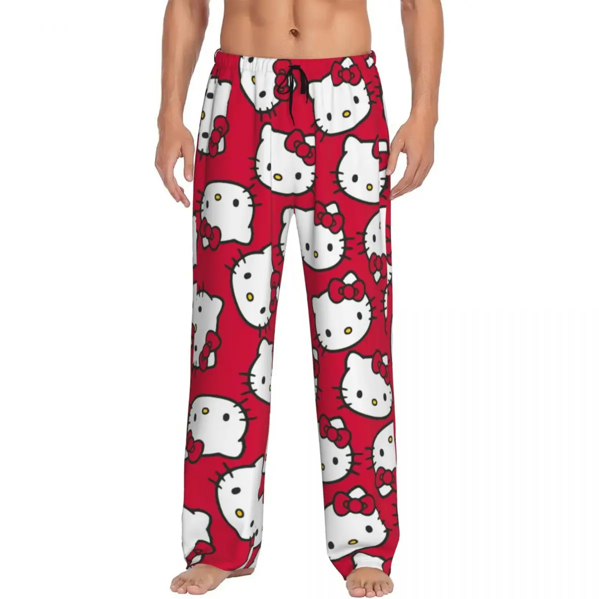 Pantalones de pijama con lazo de Hello Kitty para hombre, ropa de dormir de Anime de dibujos animados personalizada, pantalones de dormir elásticos con bolsillos