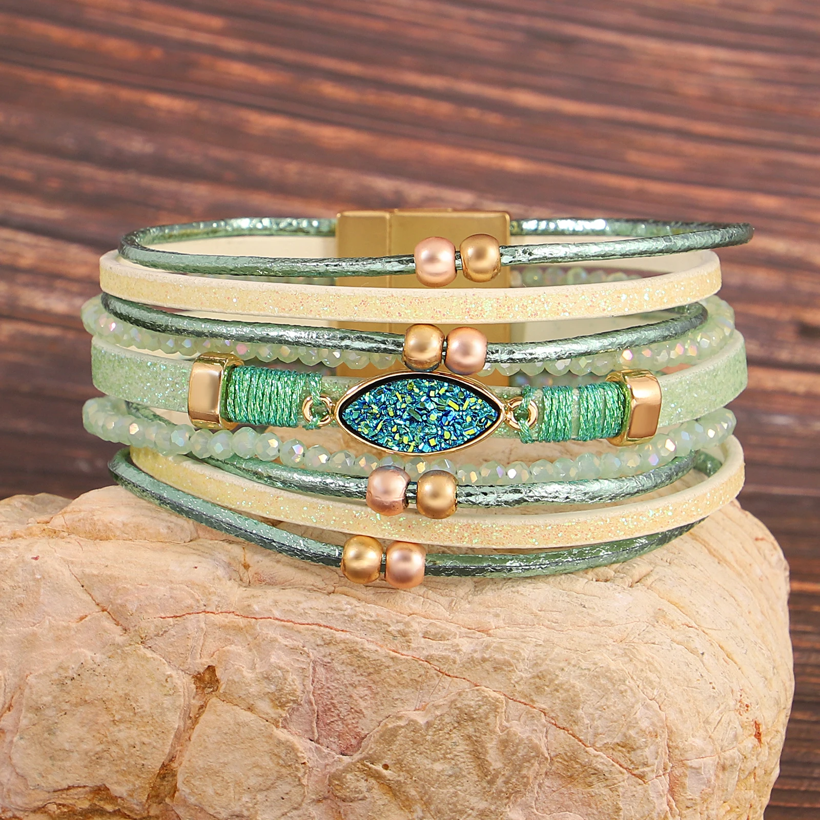 Amorcome Bohemian Rice Bead Woven Chain Multilayer Leather Bracelet Women Light Green Stackable Winding Bangle Fashion Jewelry