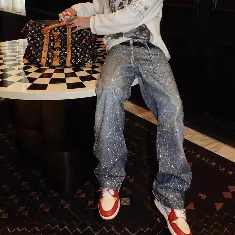 Men Wide Leg Pants Jeans Vintage Loose Trousers Straight Denims Mid Waist Lace Up Diamonds Pockets Washed 2025 Streetwear