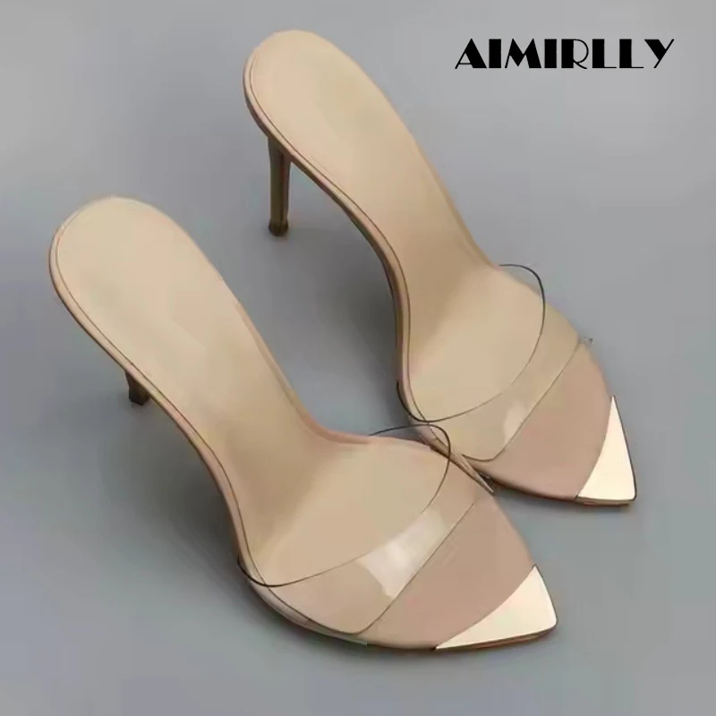 

Женские туфли-мюли на высоком каблуке с прозрачными ремешками, заостренным носком и тонким каблуком, модные туфли для вечерних выходов