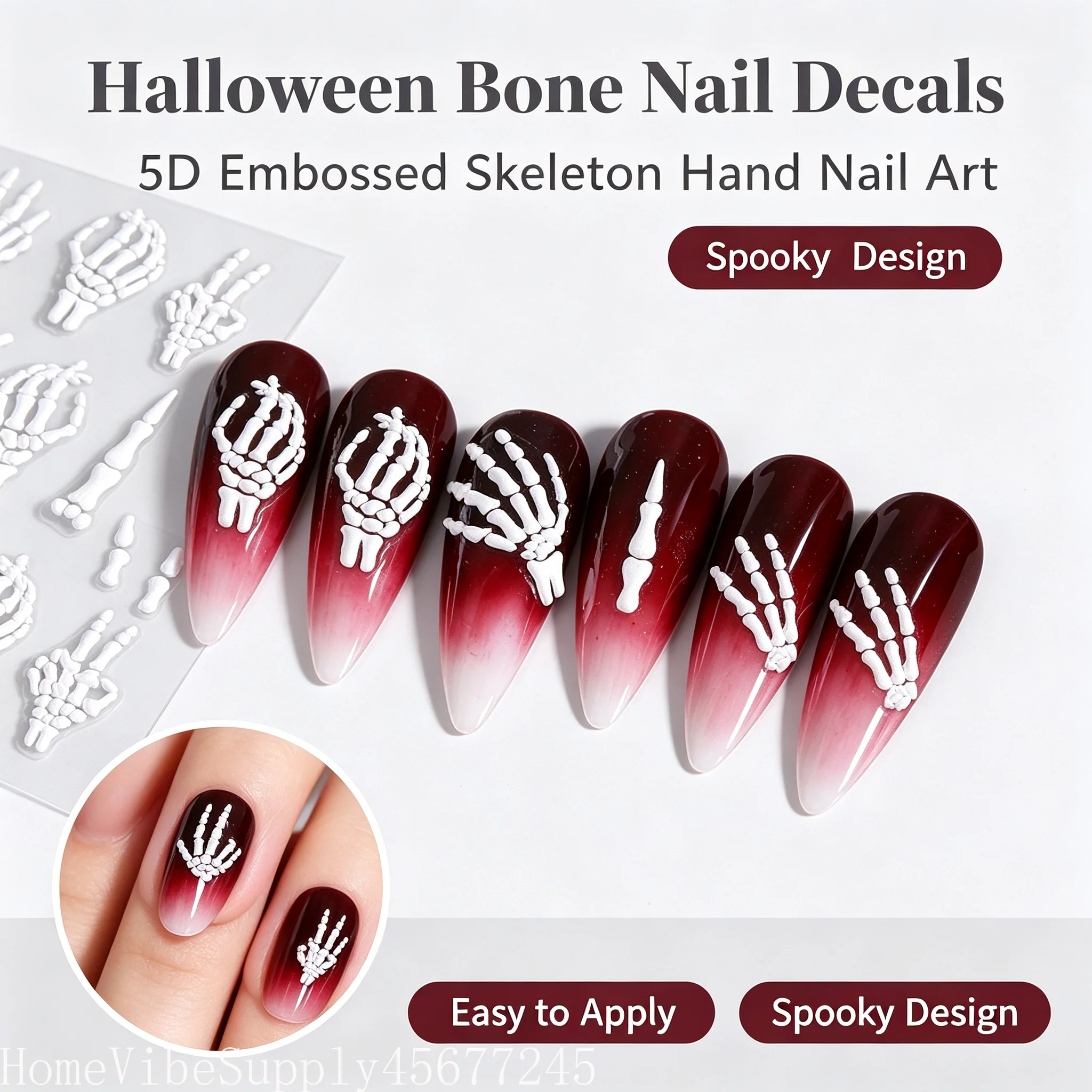 Halloween Skull Nail Art Stickers, 5D Embossed Matte Self-Adhesive Nail Decals, Cartoon Fantasy Design for DIY Manicure Pedicure Nail Decorations