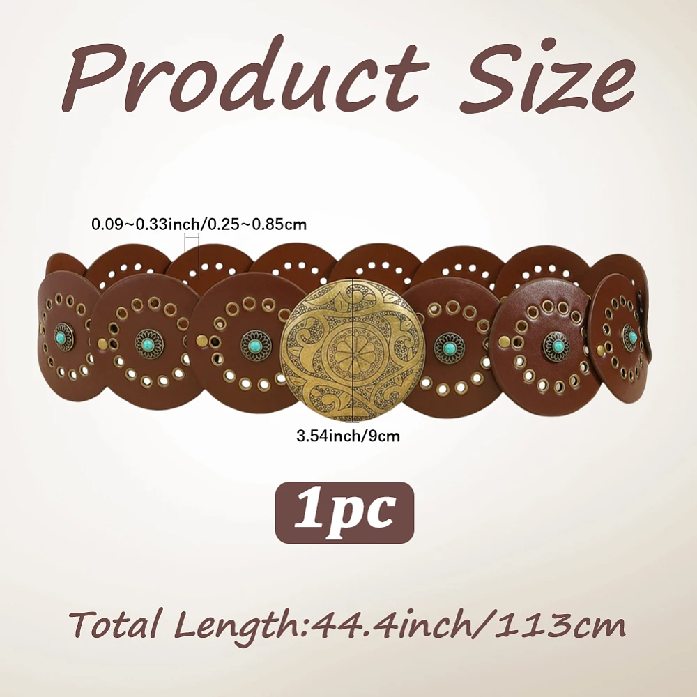 38.35 x 3.54 Inch Vintage Disc Waist Belts Wide PU Leather Wasitband Hollow Boho Western