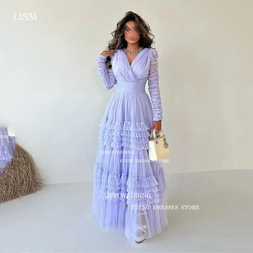 

LISM Elegant Purple Tiered Ruffle Evening Dress A-Line Chiffon Full Sleeve Formal Occasion Dresses V Neck Floor Length Prom Gown