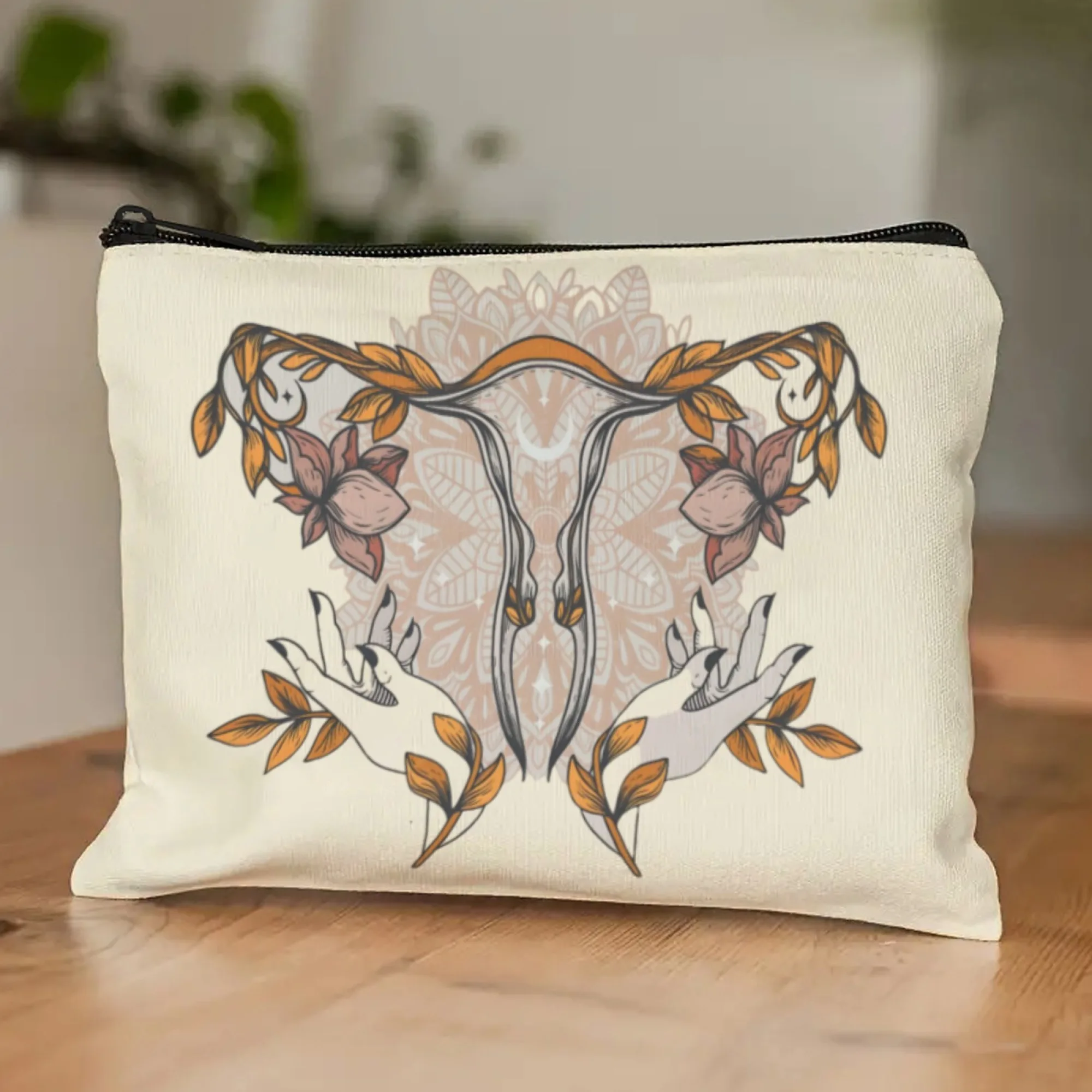 Artistic Uterus & Hands Design Makeup Bag Blush Apricot  with Watercolor Uterus & Cradling Hands Ideal OBGYN & Midwife Gift