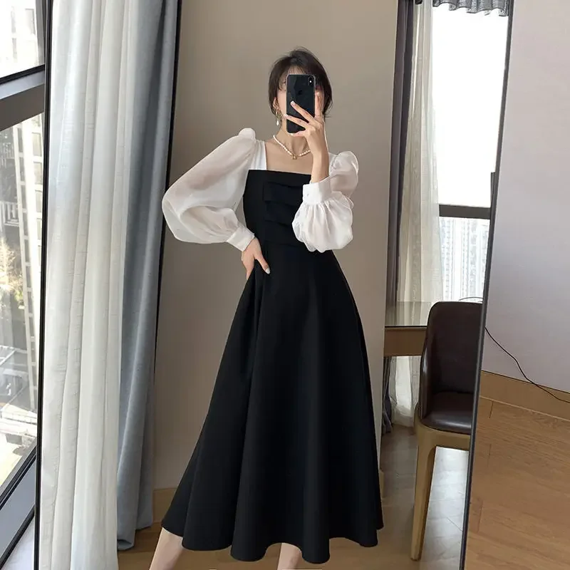 Manga longa preto vintage estilo francês vestido de mujer nova primavera outono gola quadrada rendas até vestidos moda feminina
