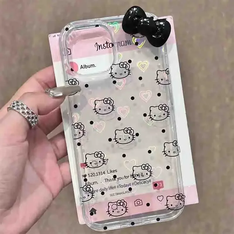 Sanrio Hello Kitty Black Wave Point Phone Case For iPhone 15 14 13 12 11 Pro Max 78 Plus XR XS MAX Y2K Girl Anti Fall Back Cover