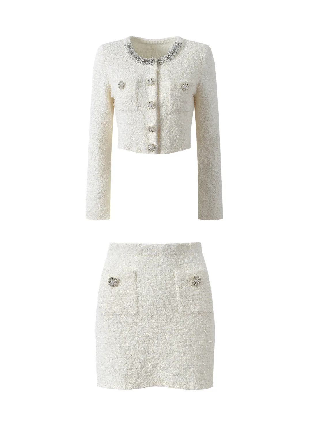 

Elegant round Neck Diamond Decorated Top Coat Skirt Set Luxury Brand Autumn Winter Fashion Women's High Waist Short Length