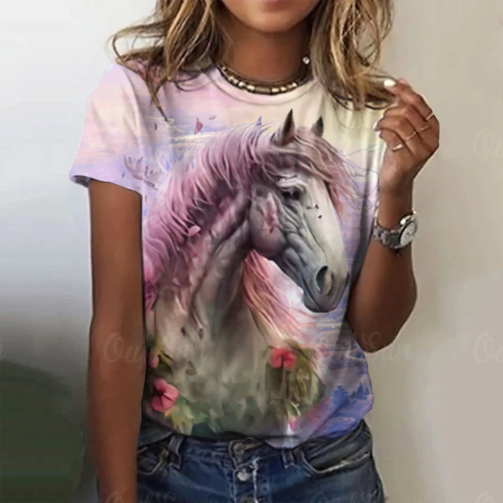 3D Animal Print New Women\'s T-shirts Casual Short Sleeves Horse Pattern Street Tees Tops Summer Loose Women Clothing Pullover