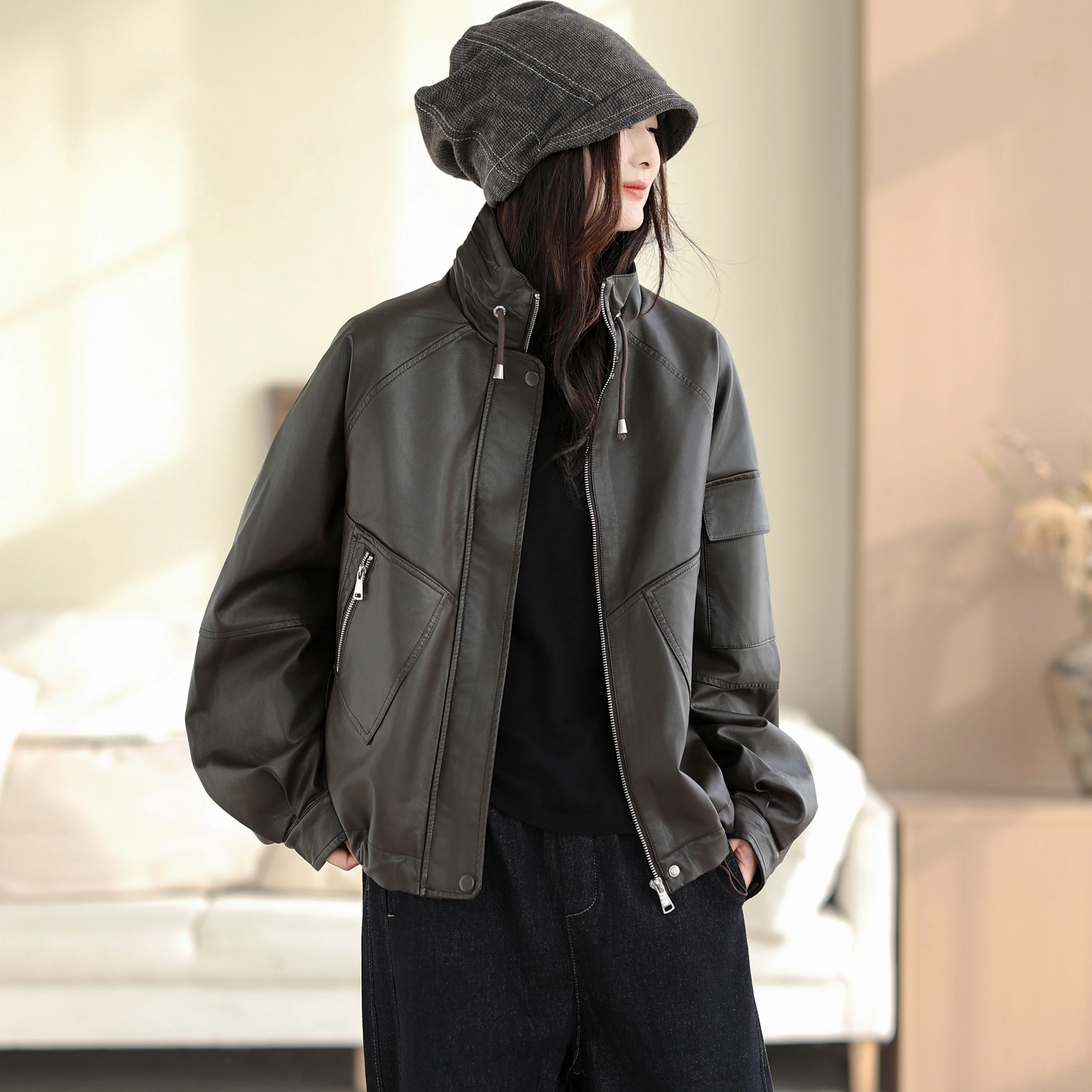 Giacca Casual da Donna in Pelle PU, Vestibilità Ampia, Nuova Moda Autunno Inverno, Design Semplice e Alla Moda per Giovani Donne