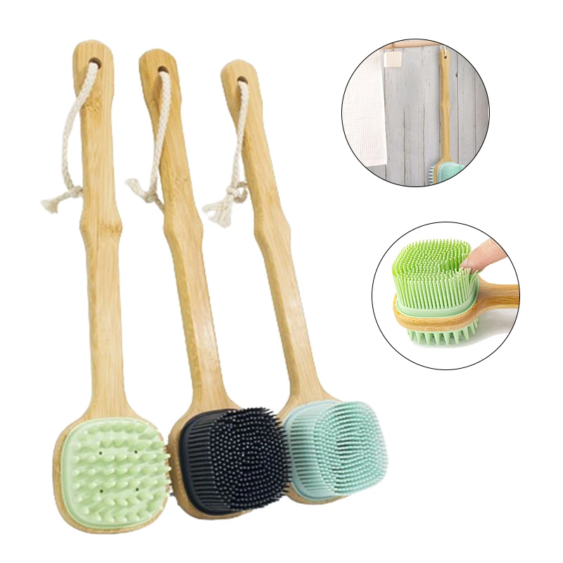 1pc Silicone two-sided Brush Back Scrubber Shower Brush With Long Wooden Handle Dry Skin Exfoliating Body Massage Cleaning Tool