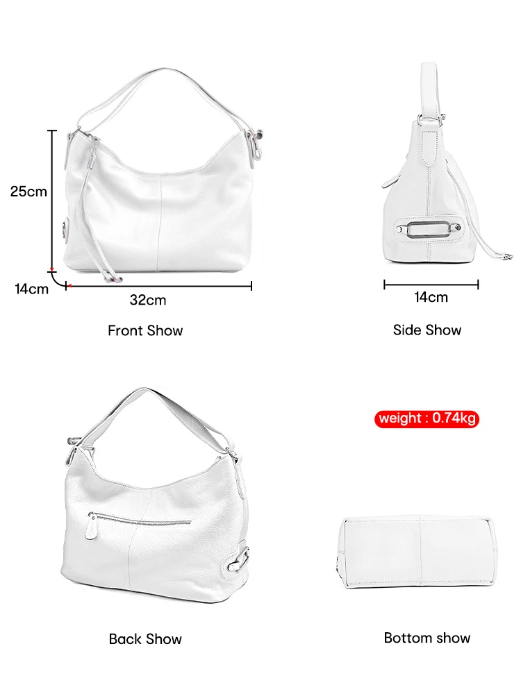 Zency 100% bolso grande de cuero genuino para mujer, bolso de mano con correa ancha ajustable, bolso blanco, bolso Hobo negro, bolsos de diseñador