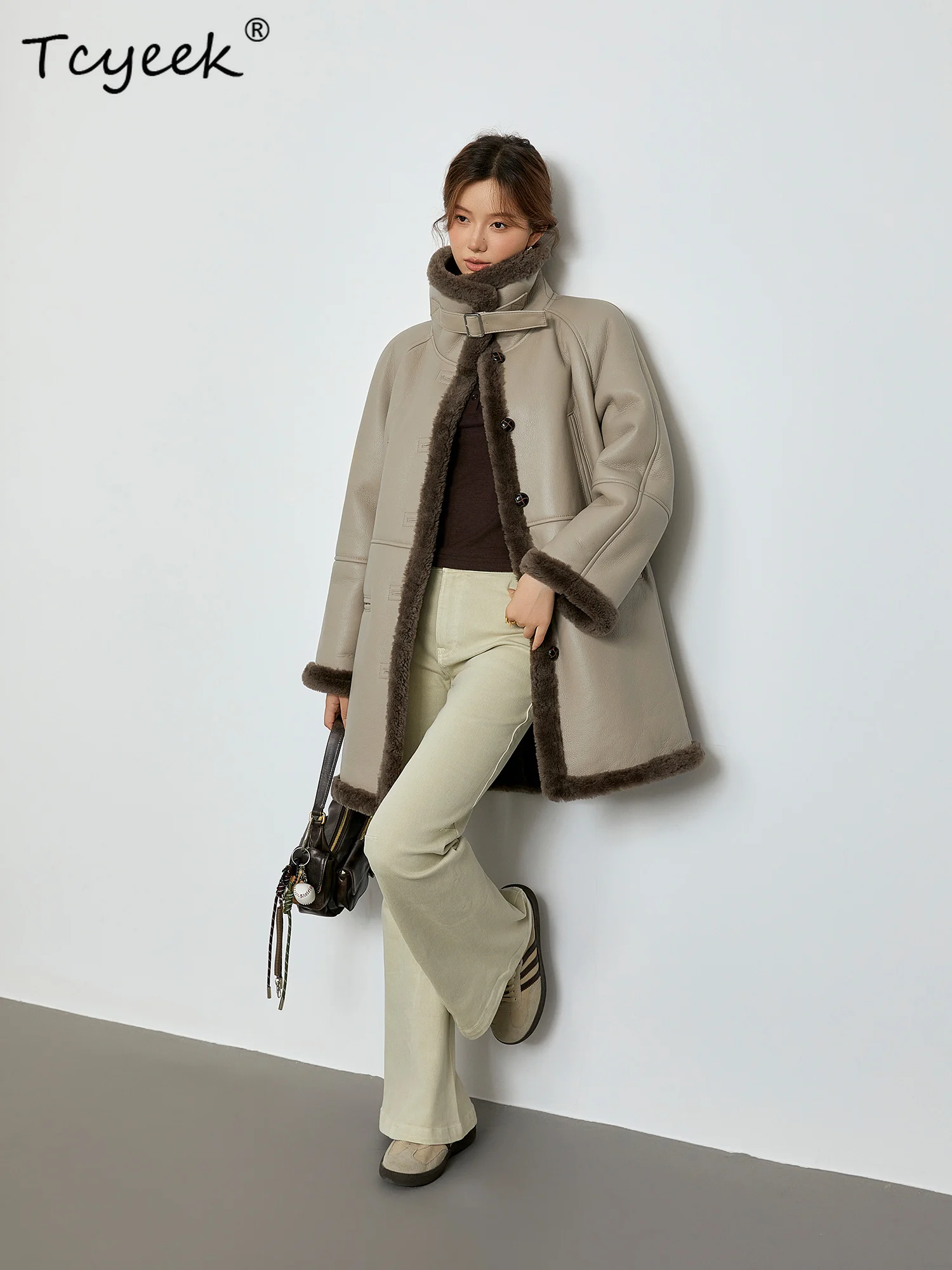 Tcyeek Wool Autumn Winter High End Trendy Thickened Fur Beige Color Medium Length Women's Lamb Wool Fur Coat Fourrures Femme