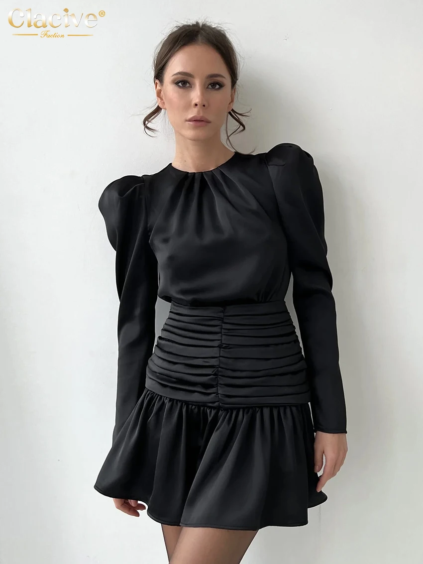 

Clacive Fashion Slim Black Satin Women Dress 2025 Casual O-Neck Long Sleeve Mini Dresses Elegantt High Waist Ruched Female Dress